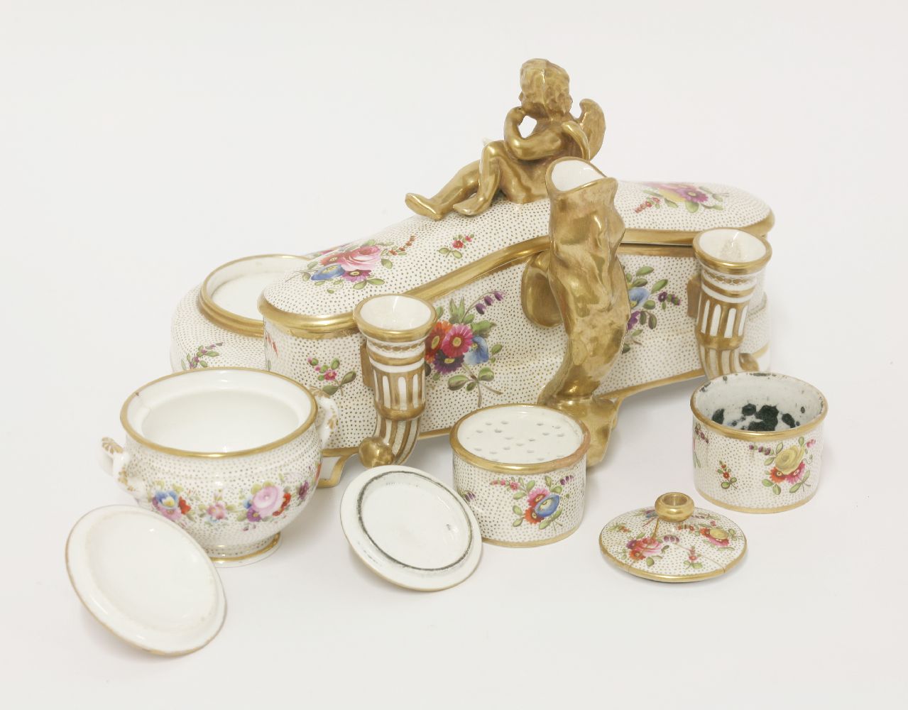 A Spode Inkstand,early 19th century, having three quill holders, a rectangular pen box, the lid with - Image 2 of 2