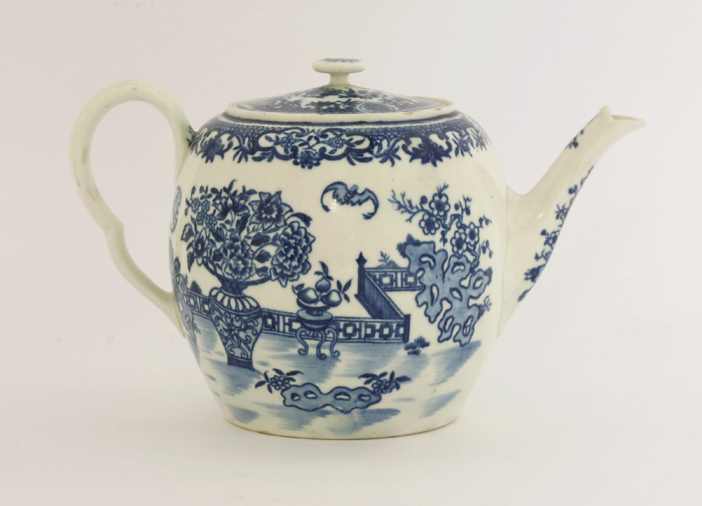 A Worcester blue and white printed Teapot and Cover,c.1785, of barrel shape with a flat cover, - Image 2 of 3