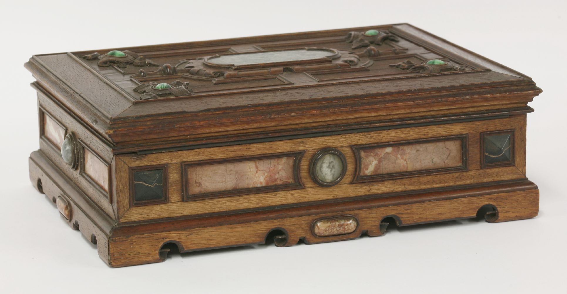 A Victorian oak casket,the panelled lid with crisply carved decoration and a central inlaid marble - Image 2 of 4