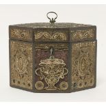 A George III rolled paper filigree hexagonal tea caddy, the front panel with rolled paper urn, now