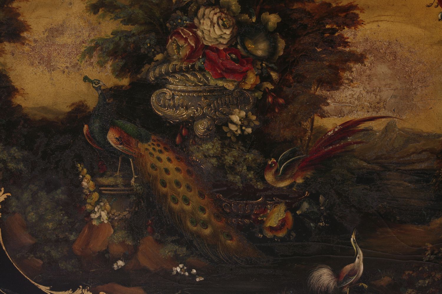 A papier mƒch‚ tray,early 19th century, the central panel painted with birds and flowers in an - Image 2 of 4