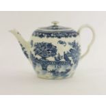 A Worcester blue and white printed Teapot and Cover,c.1785, of barrel shape with a flat cover,