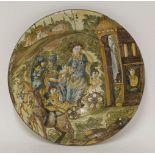 A rare maiolica Dish,Deruta/Savona, c.1700, painted in a palette of pencilled brown and blue,