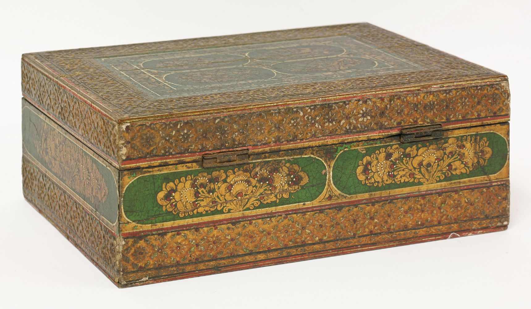 An Indian box,late 19th century, with green and gilt painted decoration within floral moulded - Image 2 of 3