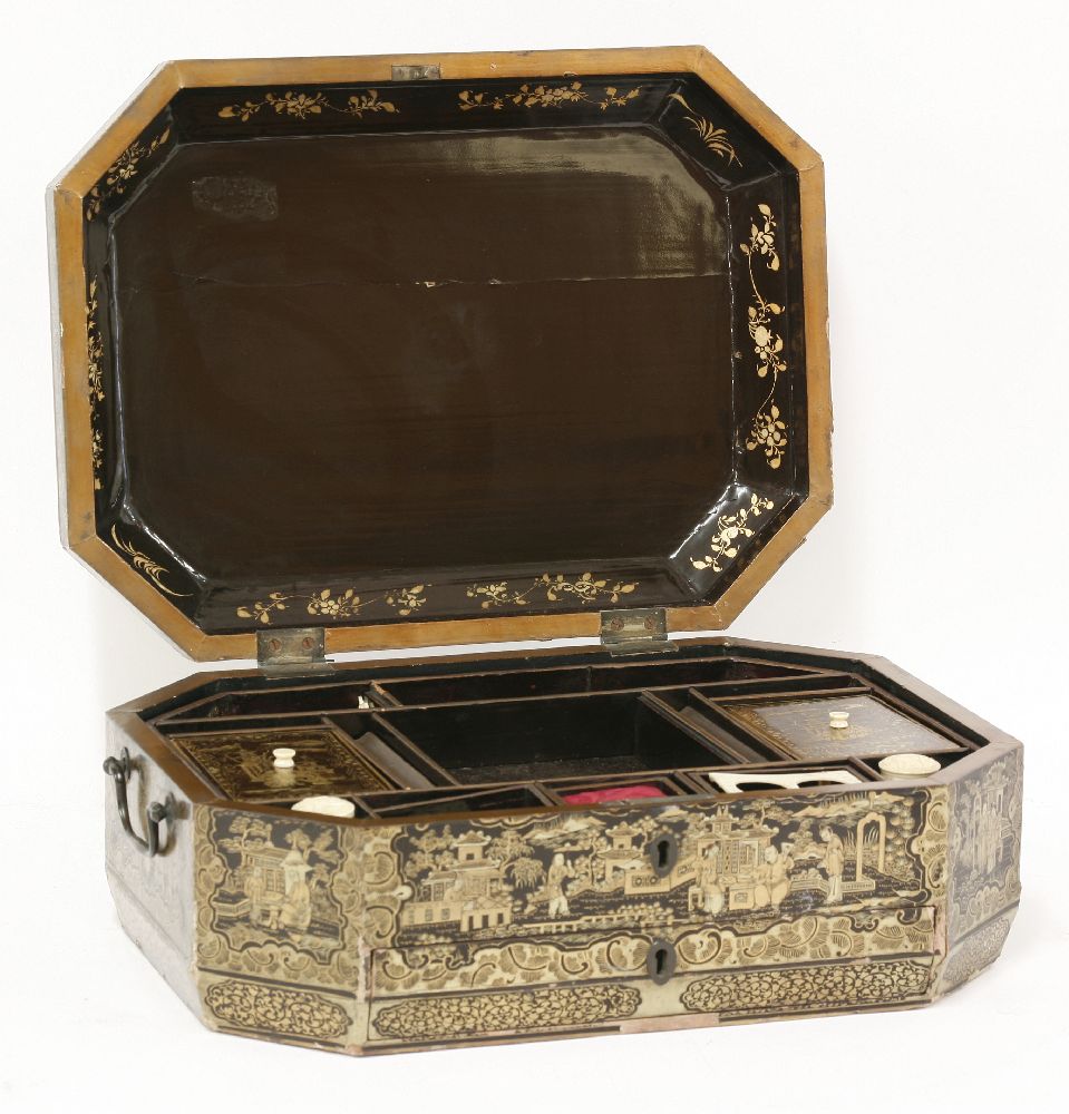 A Chinese export black lacquered workbox,early 19th century, with typical gilt decoration, the - Image 3 of 4