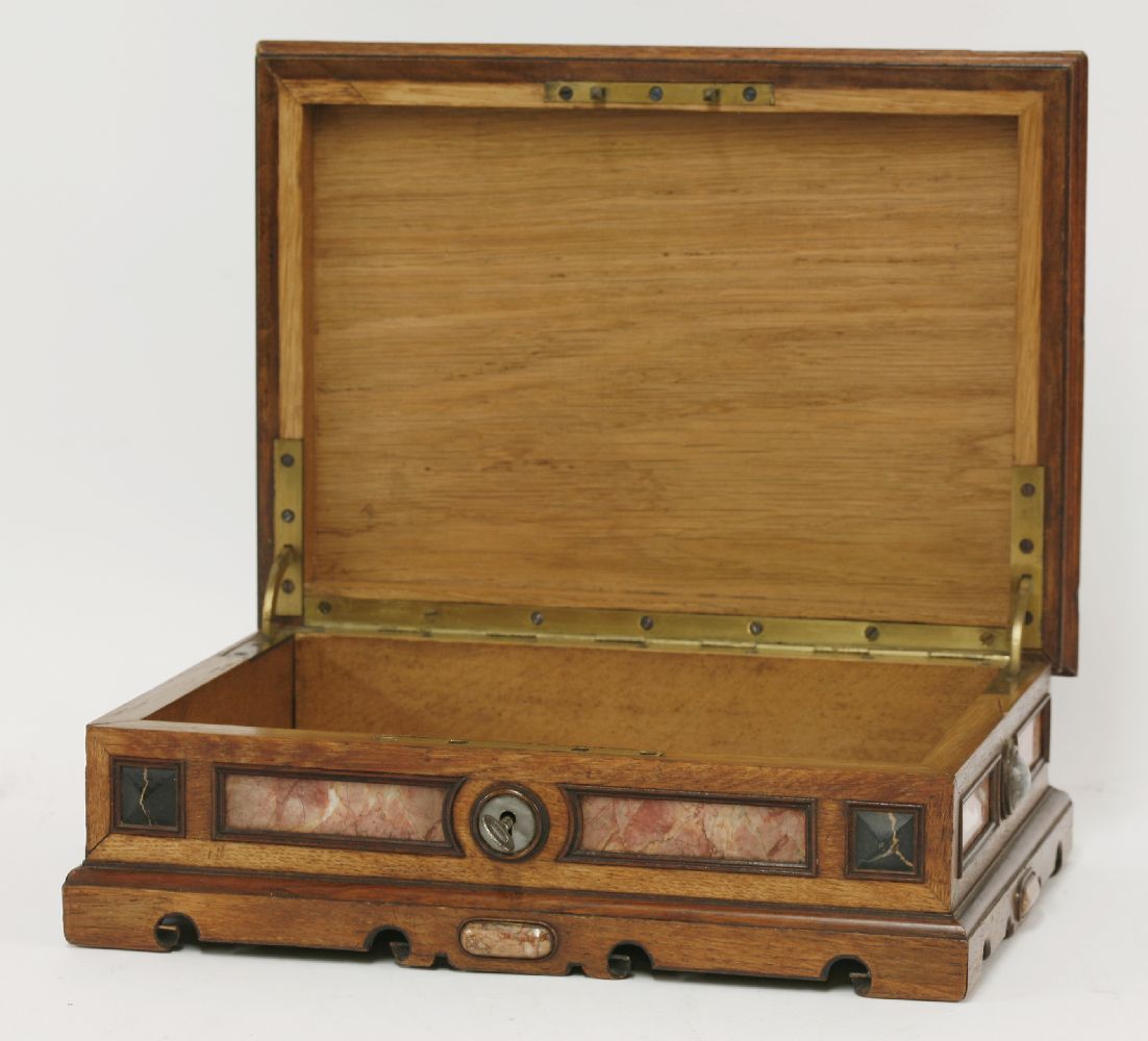 A Victorian oak casket,the panelled lid with crisply carved decoration and a central inlaid marble - Image 3 of 4