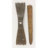 Two treen love tokens, the first carved with hearts and flowers and initialled 'NT 1794',34cm long,