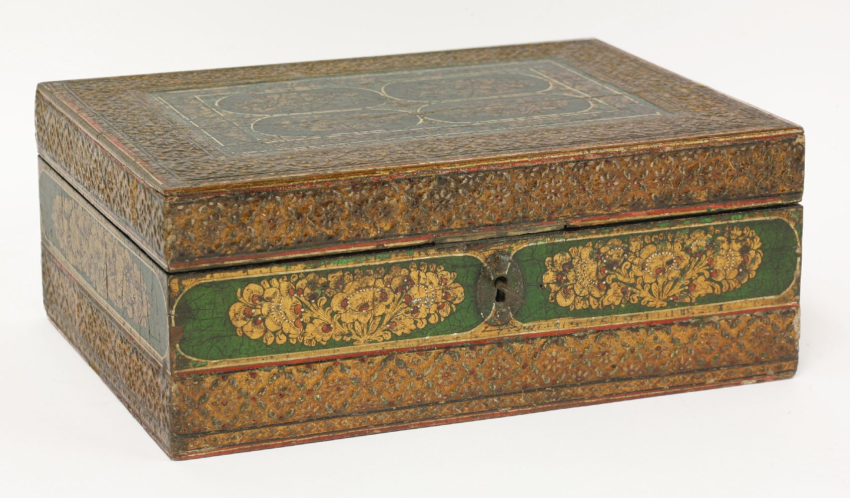 An Indian box,late 19th century, with green and gilt painted decoration within floral moulded