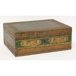 An Indian box,late 19th century, with green and gilt painted decoration within floral moulded