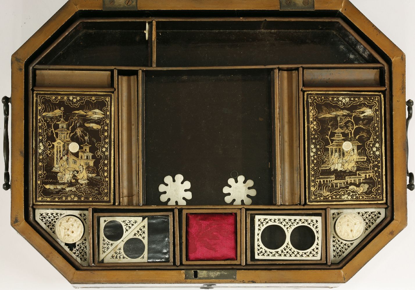 A Chinese export black lacquered workbox,early 19th century, with typical gilt decoration, the - Image 4 of 4