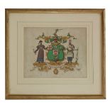 A hand-painted coat of arms,19th century, with supporters and motto, 24 x 29cmThe arms are those