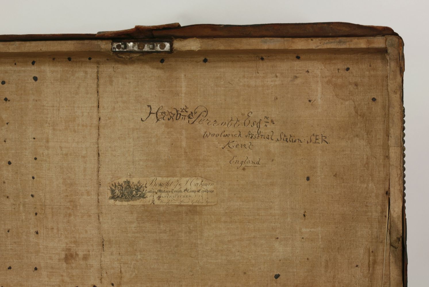 A Regency leather bound trunk of East Kent Militia interest,with studwork bands and metal mounts, - Image 4 of 4