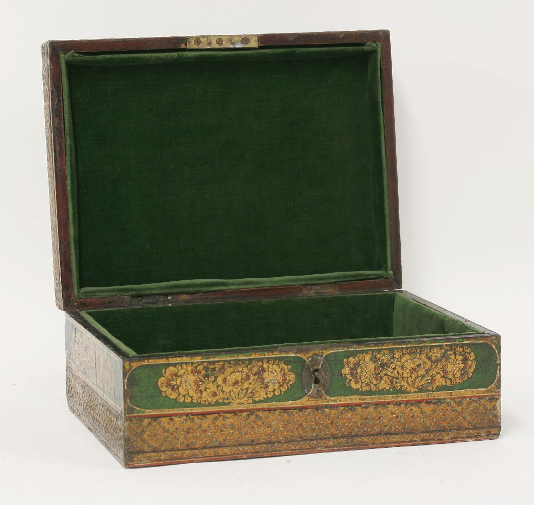 An Indian box,late 19th century, with green and gilt painted decoration within floral moulded - Image 3 of 3