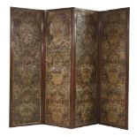 A Victorian mahogany four-leaf screen,each leaf with embossed and painted leather panels.228cm high