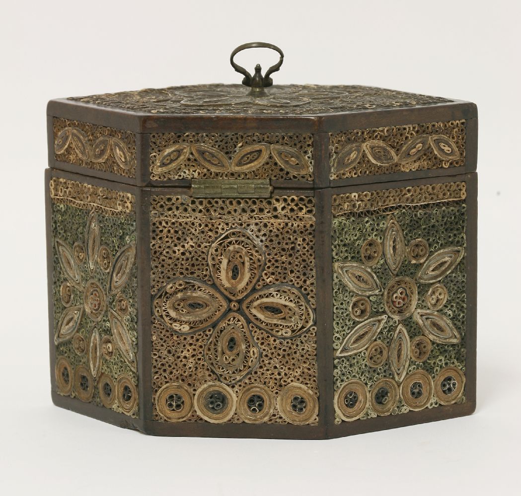 A George III rolled paper filigree hexagonal tea caddy, the front panel with rolled paper urn, now - Image 2 of 2