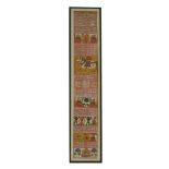 An Indian painted scroll,c.1900, depicting various folk stories, gouache,108 x 20cm, framed and