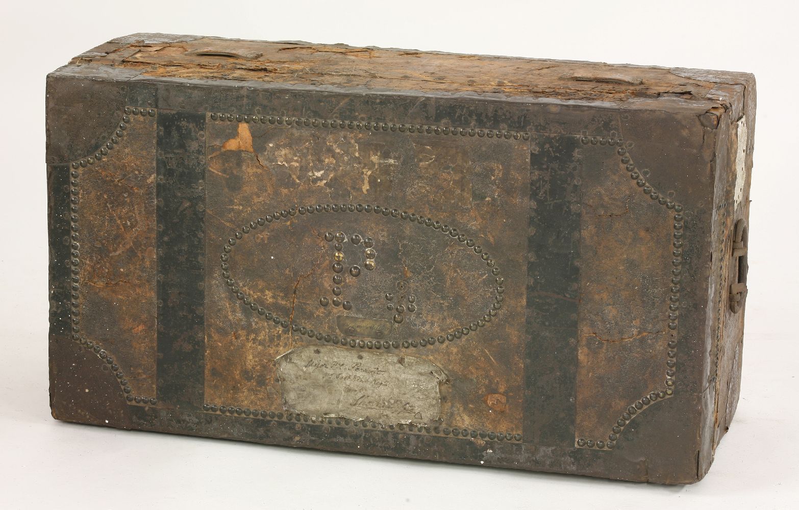 A Regency leather bound trunk of East Kent Militia interest,with studwork bands and metal mounts, - Image 3 of 4