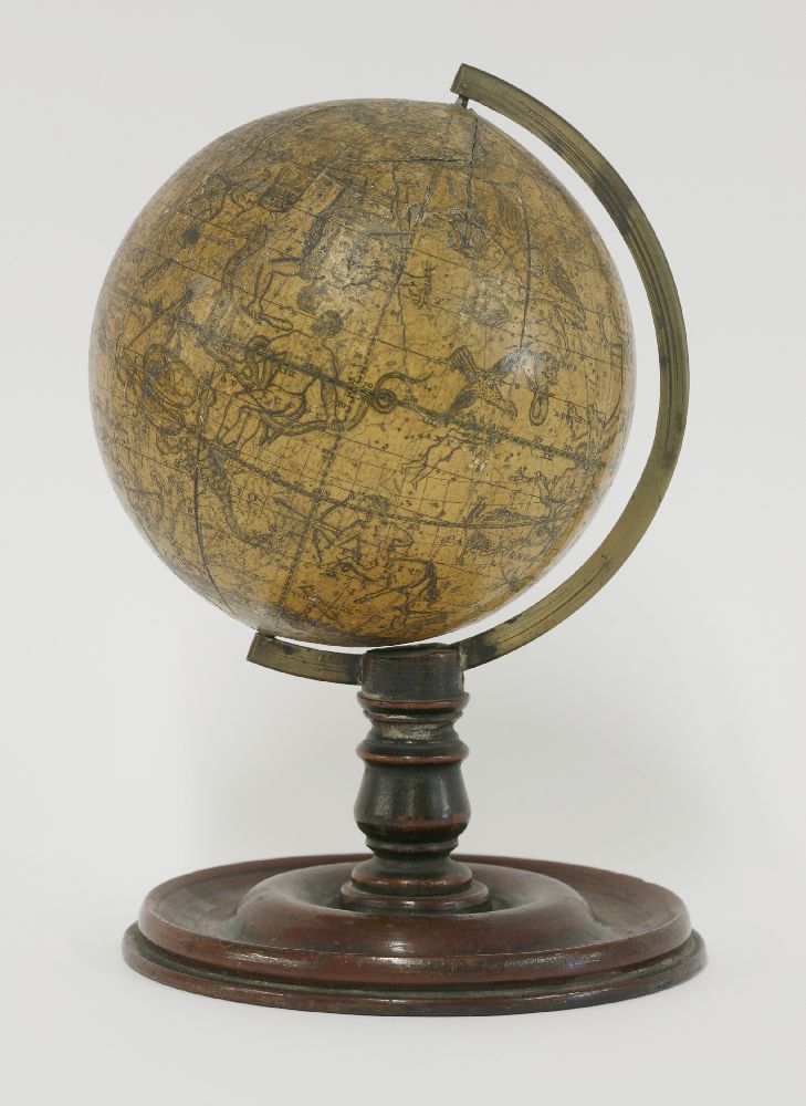 A celestial table globe, 19th century, paper on wood, printed with named signs of the zodiac and