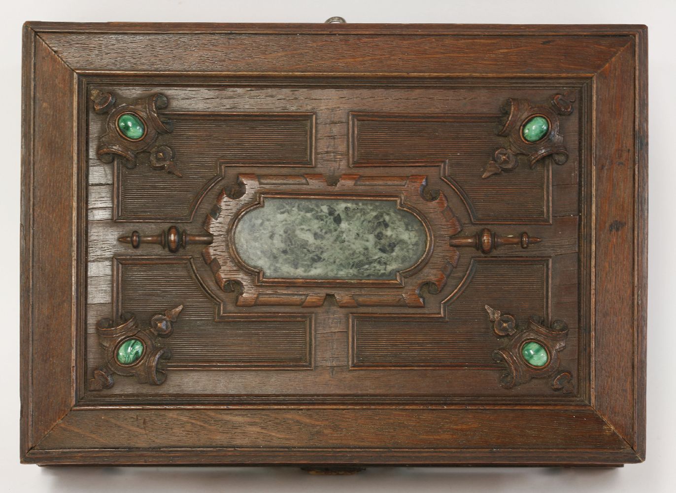 A Victorian oak casket,the panelled lid with crisply carved decoration and a central inlaid marble - Image 4 of 4