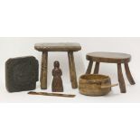Treen items,two four-legged stools, one with part original painted decoration, the other with