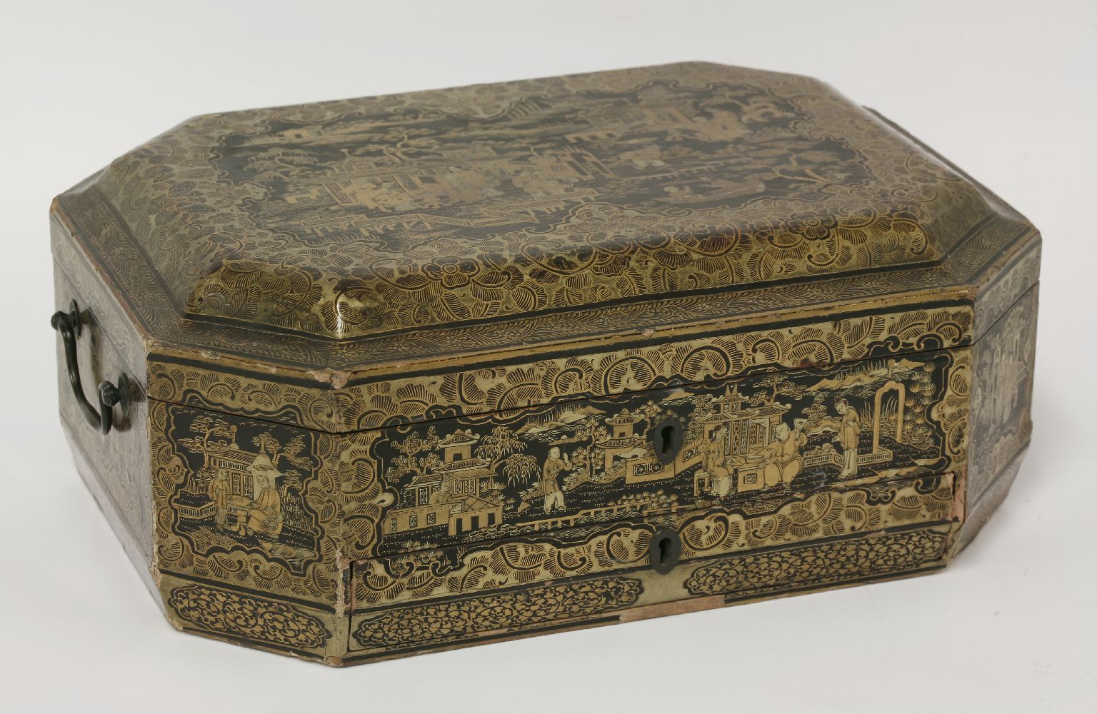 A Chinese export black lacquered workbox,early 19th century, with typical gilt decoration, the