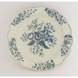 A Worcester blue and white Junket Dish,c.1770-1785, printed in the 'Pine Cone' pattern on a fluted