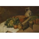 Stef Van Oudheusden (Dutch, early 20th century)STILL LIFE OF VEGETABLES AND POTS ON A TABLESigned