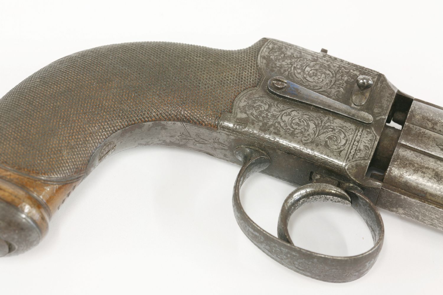 A Reilly's improved turn-over pistol,c.1850, the barrel ends engraved with leaves and with proof - Image 4 of 4