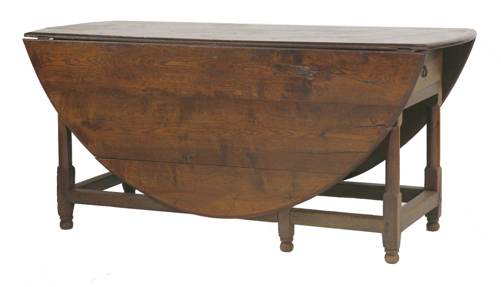 An oak gateleg table,17th/18th century, the oval top on turned supports and square steretchers,160cm