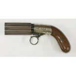 A Reilly's six shot 'pepperpot' pistol, c.1850, the barrel tips engraved with stiff leaves, struck