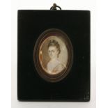 English School, late 18th centuryPORTRAIT OF A LADY, BUST LENGTH WITH PEARL-DRESSED HAIRMiniature on