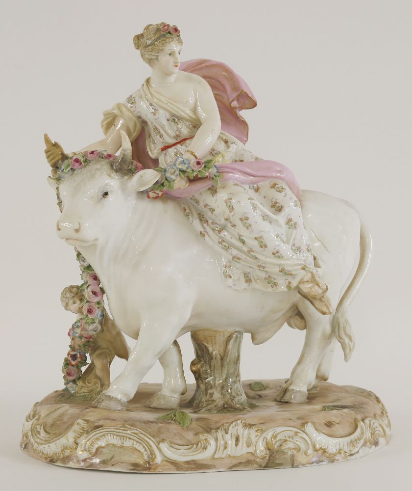 A Meissen group 'Europa and the Bull',the base with underglaze blue crossed swords and incised 'K