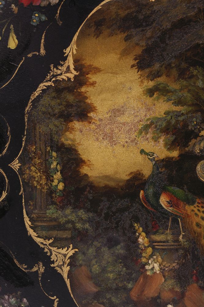 A papier mƒch‚ tray,early 19th century, the central panel painted with birds and flowers in an - Image 3 of 4