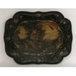 A papier mƒch‚ tray,early 19th century, the central panel painted with birds and flowers in an