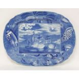 A Victorian blue and white printed Meat Plate,with a scene from 'Shipping Series' and a wide shell