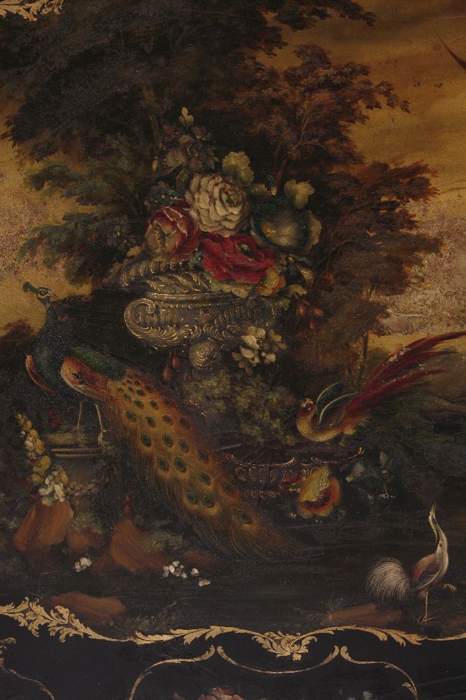 A papier mƒch‚ tray,early 19th century, the central panel painted with birds and flowers in an - Image 4 of 4