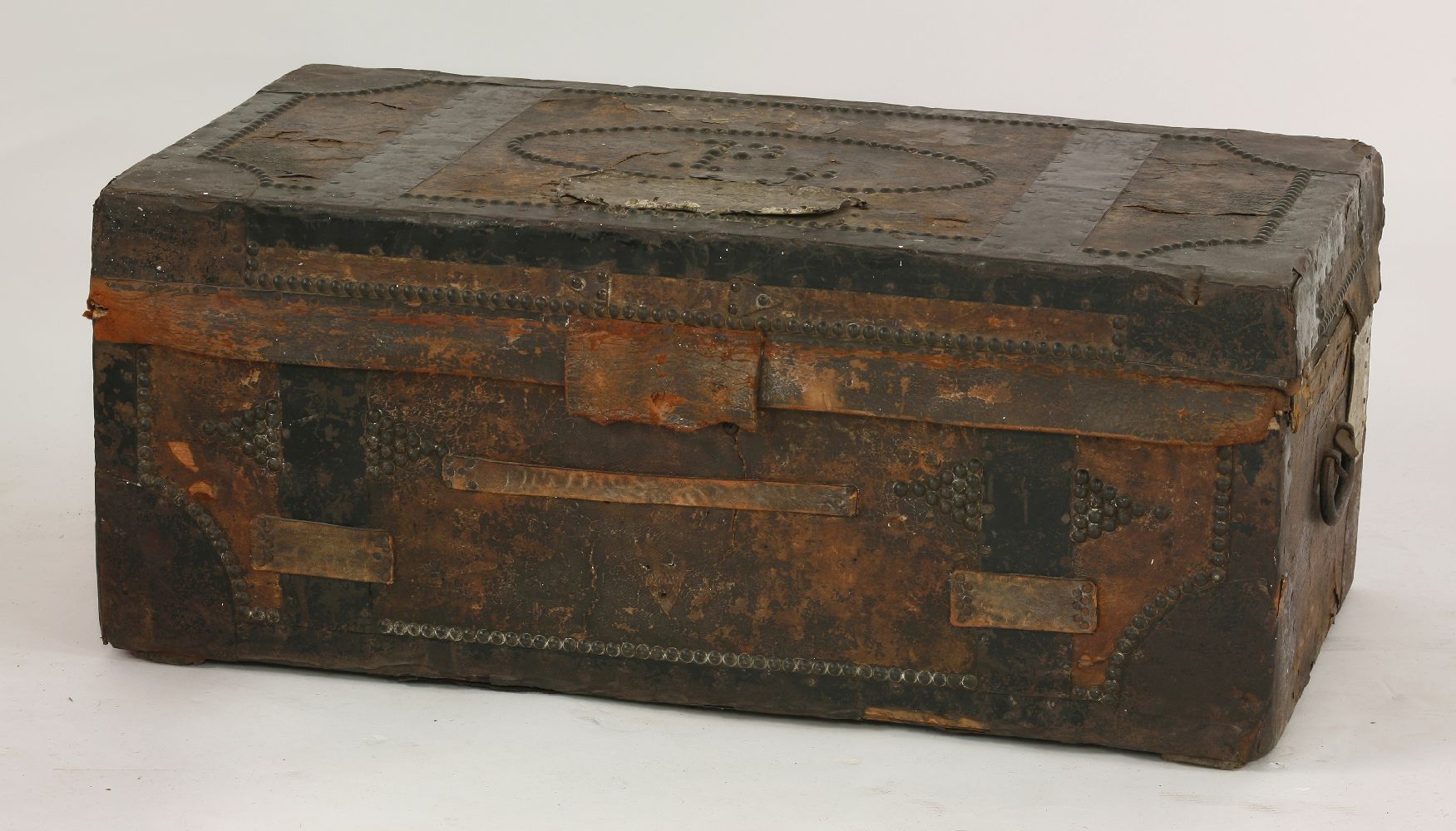 A Regency leather bound trunk of East Kent Militia interest,with studwork bands and metal mounts, - Image 2 of 4