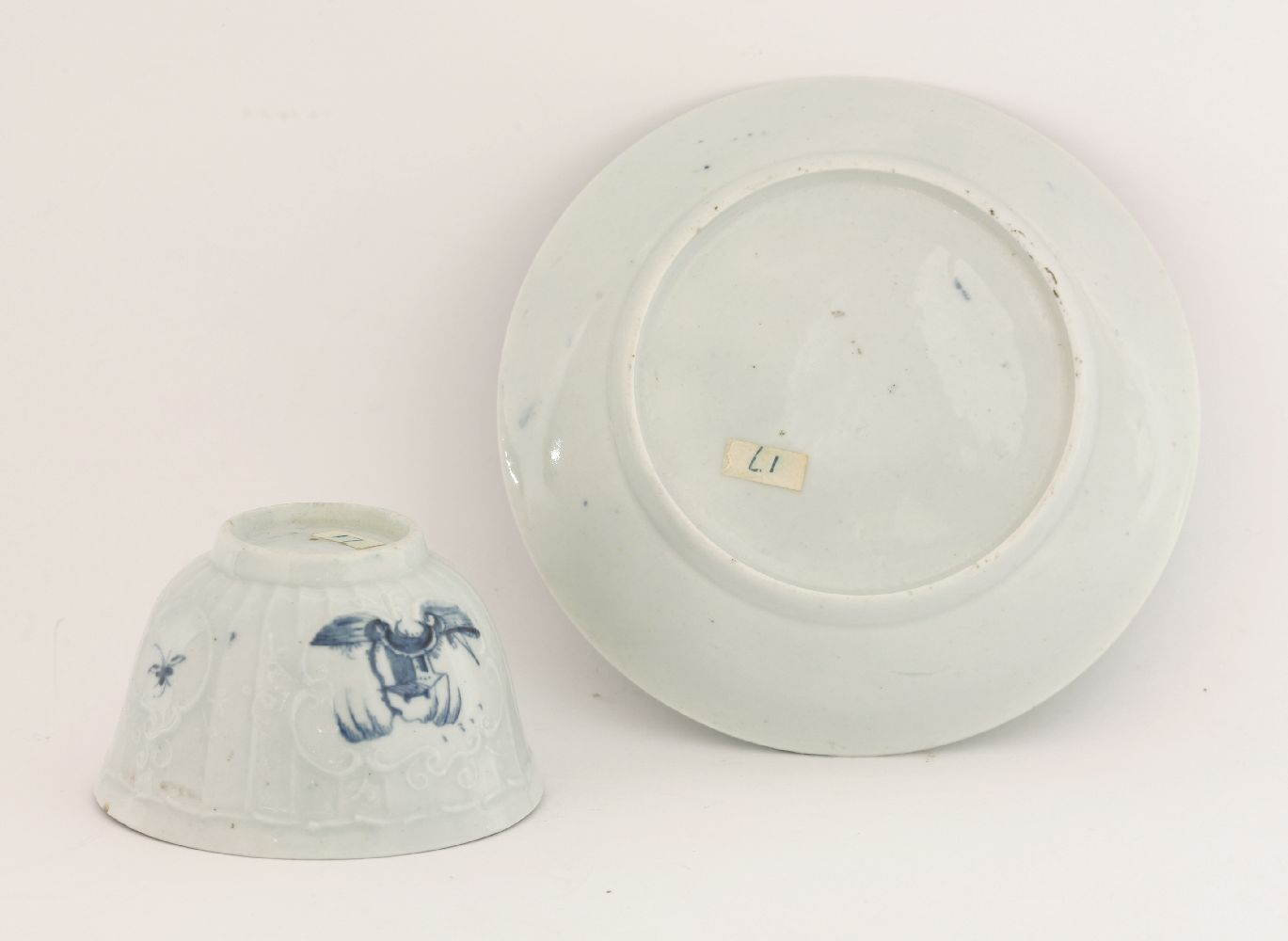 A rare Worcester blue and white Tea Bowl and Saucer,c.1755-1770, embossed with strap flutes and - Image 2 of 2