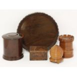 Five treen items, a turned rosewood box and cover,14cm,a castle money box,11.5cm,a beehive string