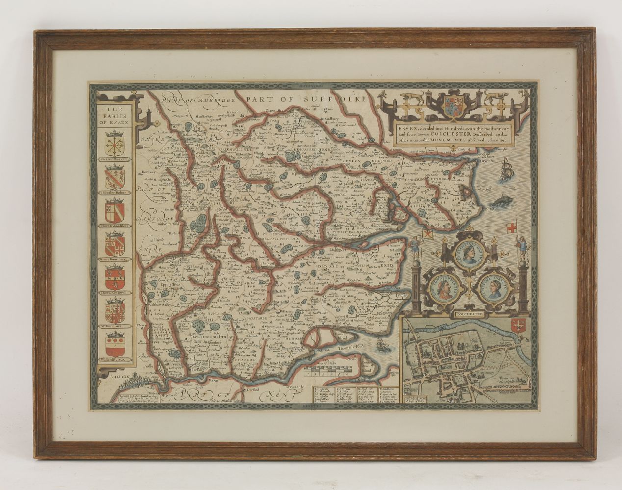 John Speed,'Essex, Devided [sic] into Hundreds',a hand coloured engraved map, mounted and double