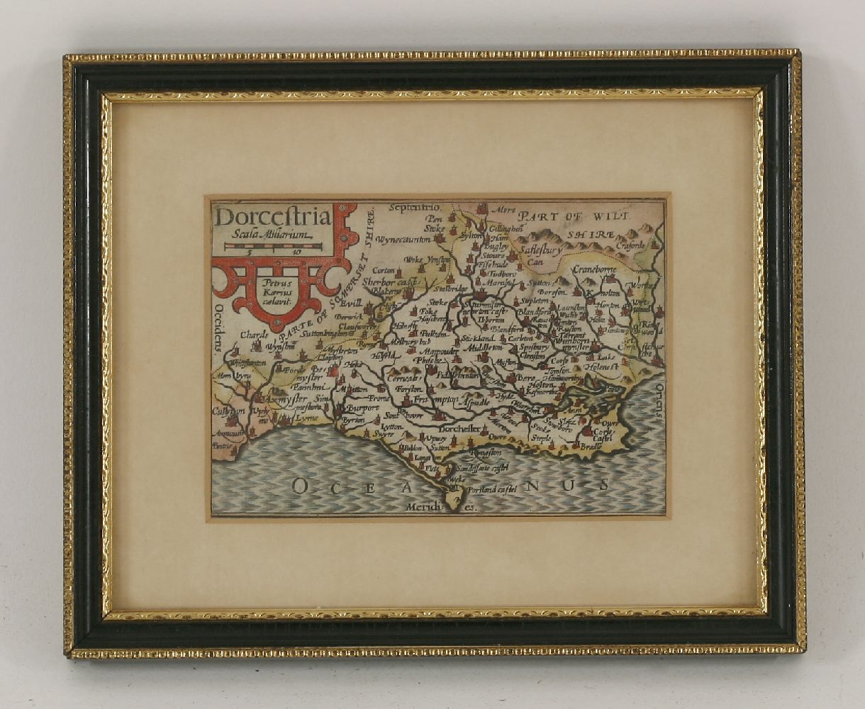 Four hand coloured maps, comprising:'Dorcestria',Petrus Kaerius,8.5 x 12cm,'A Mapp of Hantshire with - Image 4 of 4