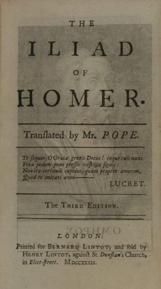 POPE, Alexander:Three works:1.  The Iliad of Homer.  Translated by Mr. Pope.  In 6 Vols. L, - Image 5 of 11