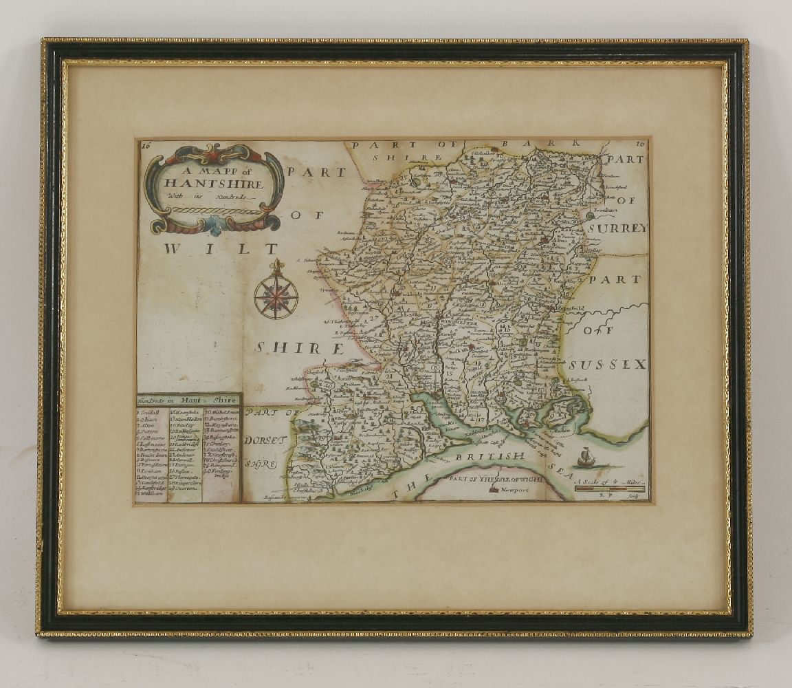 Four hand coloured maps, comprising:'Dorcestria',Petrus Kaerius,8.5 x 12cm,'A Mapp of Hantshire with - Image 2 of 4