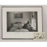 KREMENTZ, Jill:Photograph of Kurt Vonnegut,sitting on a bed smoking, signed by her and inscribed and