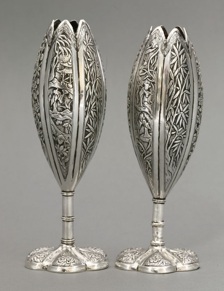 A pair of silver Solifleur Vases, c.1880, each of tall form, well chased with The Three Friends, - Bild 2 aus 3