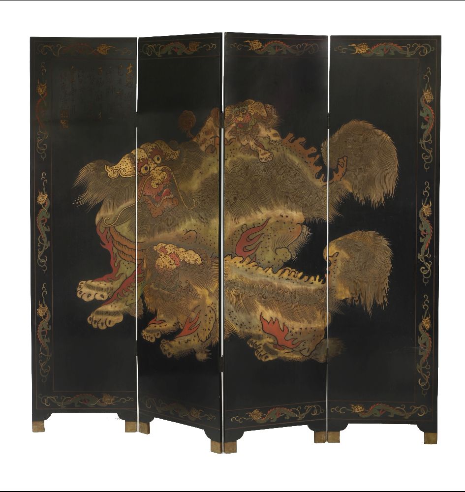A four-fold Screen, c.1900, low relief carved with Buddhist lions, the border with dragons, the