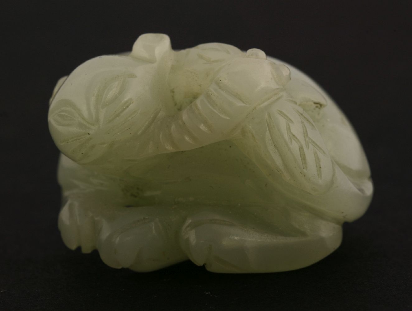 A rare jade Carving, 19th century, of a cat seated and chewing on the rear parts of a dragonfly, the