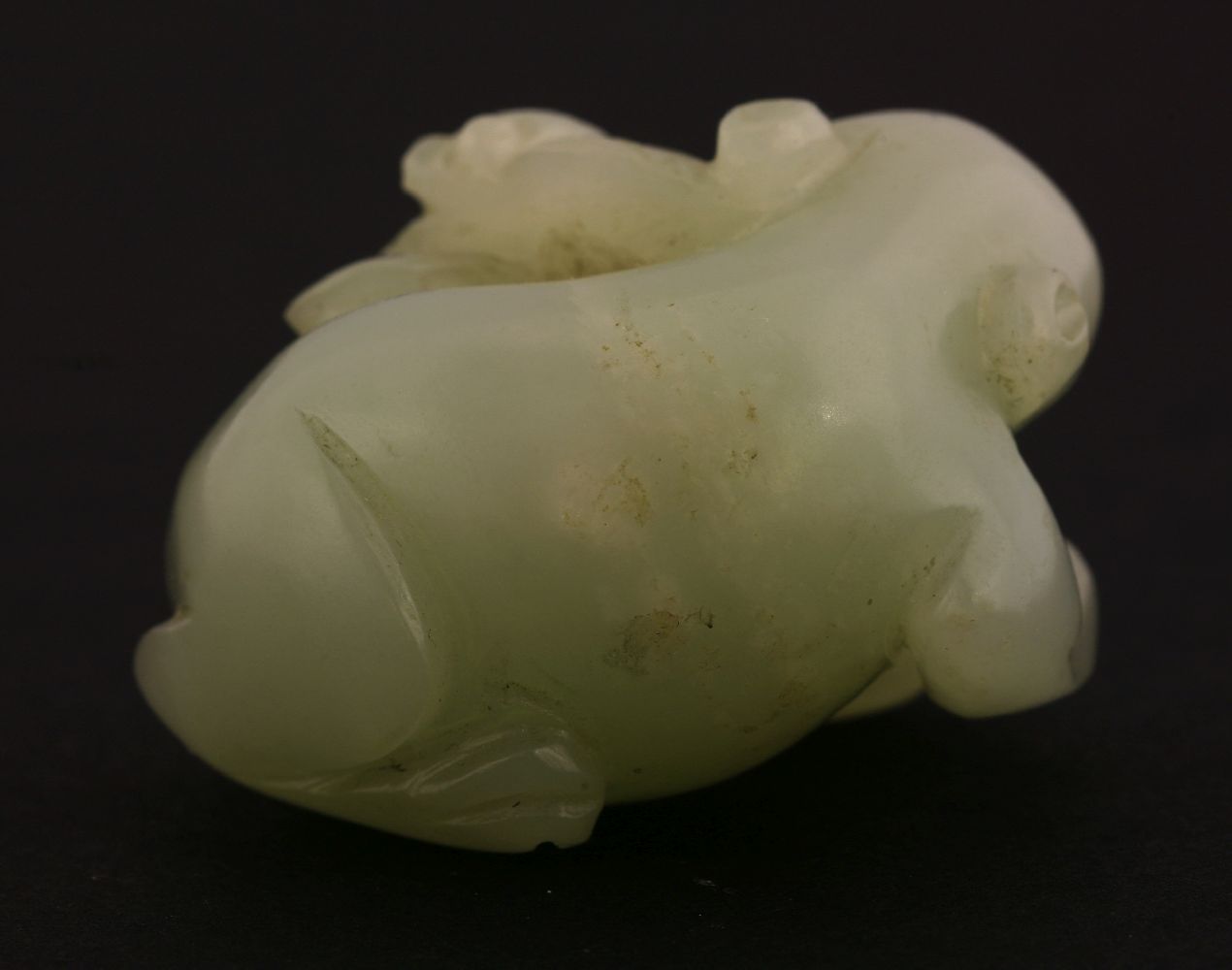 A rare jade Carving, 19th century, of a cat seated and chewing on the rear parts of a dragonfly, the - Bild 2 aus 3