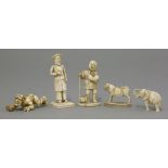 Five various ivory figures, late 19th/early 20th century, a horse, well carved on an oval base, tail