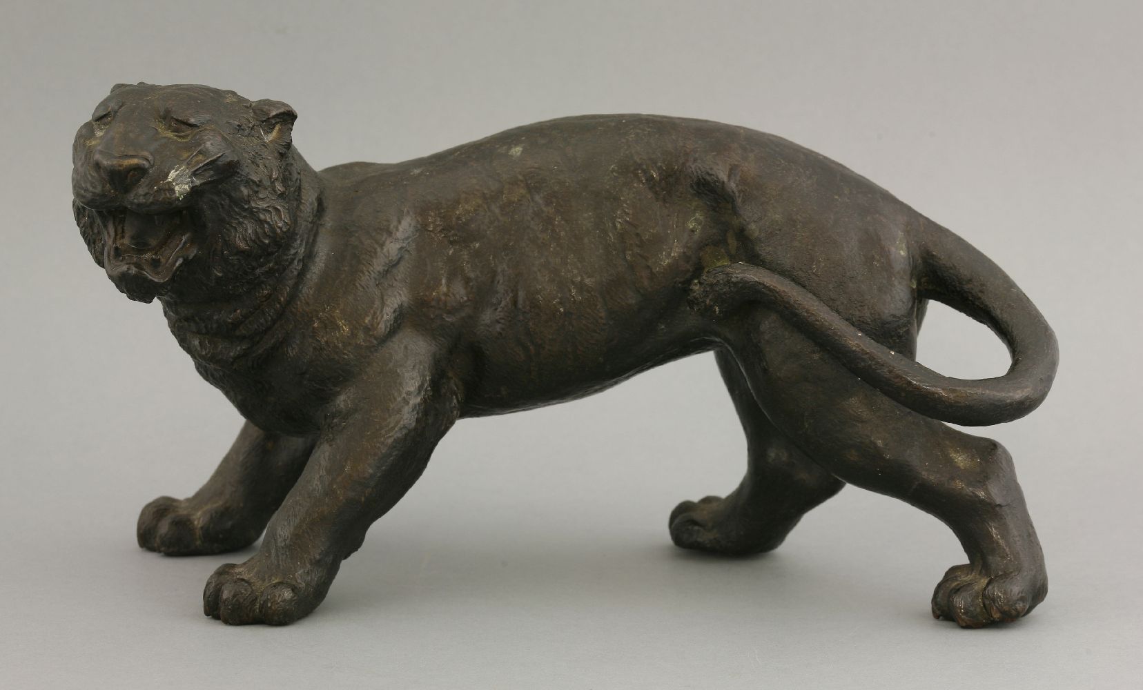 A bronze Tiger, late 19th century, vigorously modelled as a crouching, snarling beast, 26.5cm